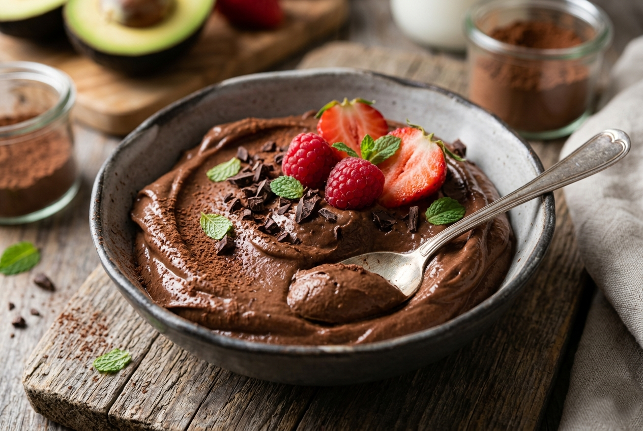 Uma tigela de cerâmica rústica cheia de mousse de chocolate cremoso, coberta com framboesas e morangos frescos, pedaços de chocolate e folhas de hortelã, com um abacate ao meio e pó de cacau ao fundo sobre uma mesa de madeira.