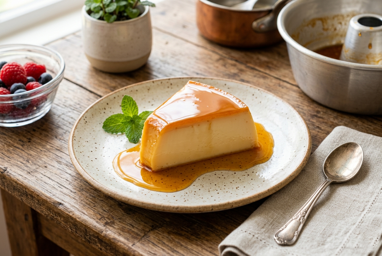 Uma fatia generosa de pudim de leite condensado extremamente liso e cremoso, coberta com calda de caramelo brilhante, servida em um prato de cerâmica sobre uma mesa de madeira rústica com frutas vermelhas ao fundo.