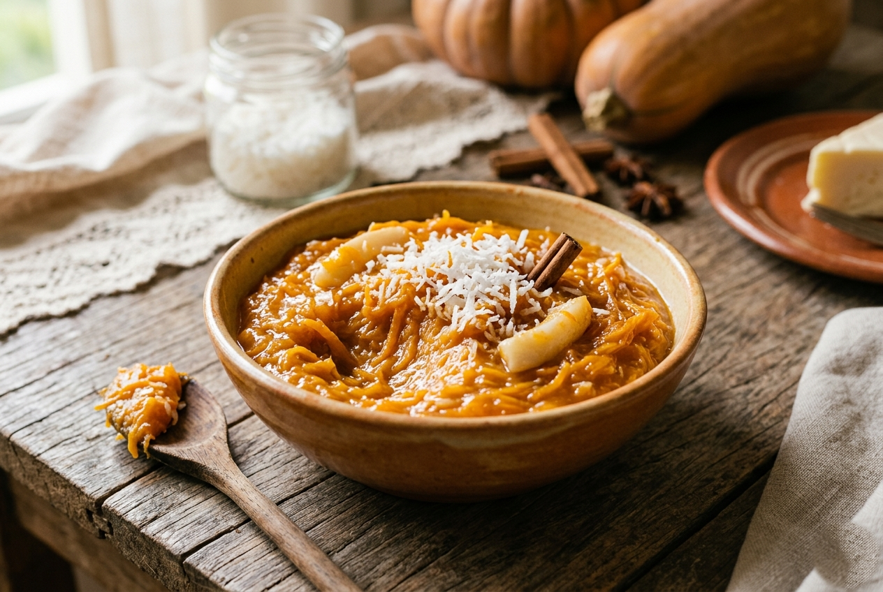 Tigela de cerâmica rústica cheia de doce de abóbora com coco ralado por cima, decorada com pau de canela e cravos, sobre mesa de madeira rústica com abóboras inteiras ao fundo em luz natural.