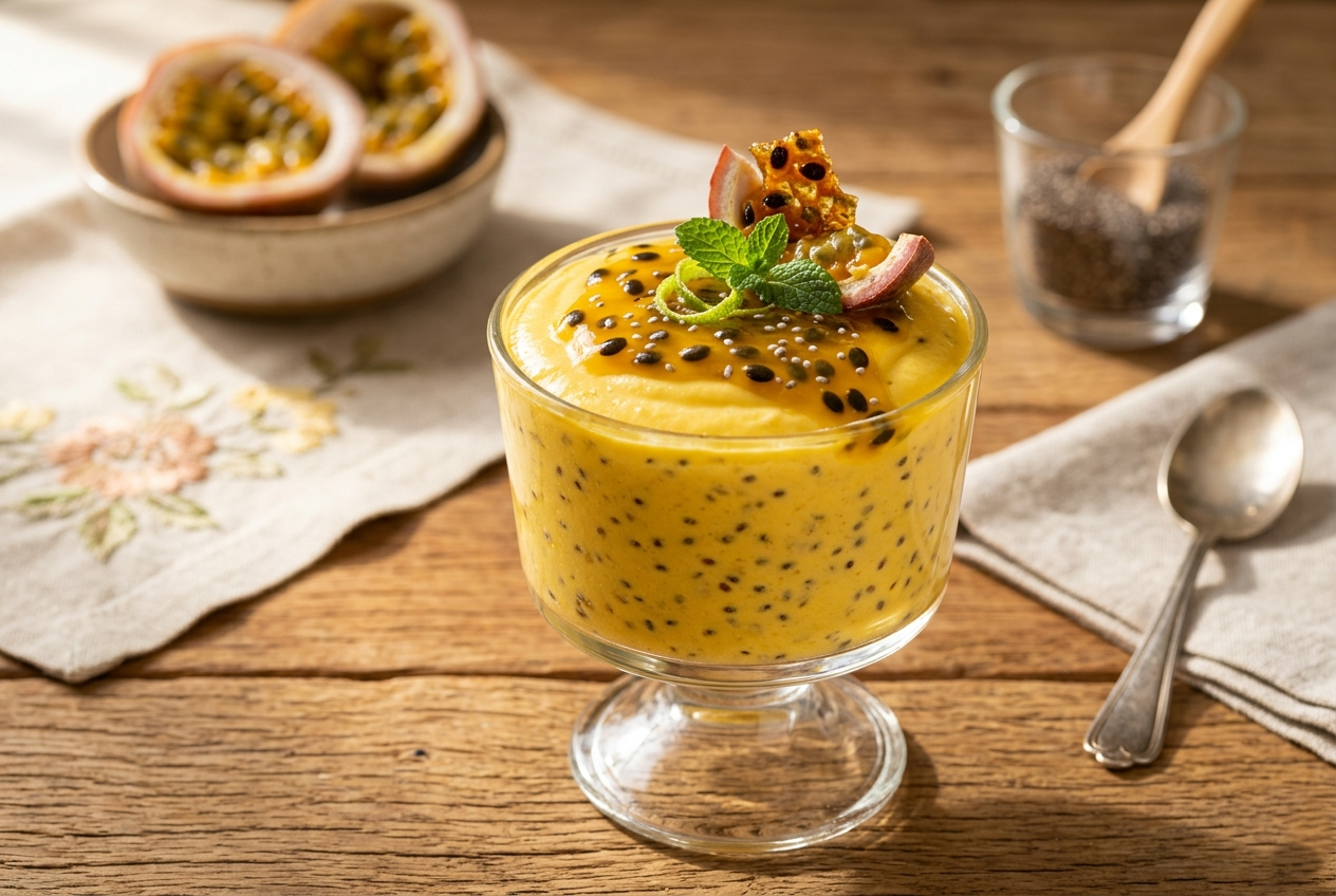 Uma fotografia gastronômica realista e em close-up de uma elegante taça de sobremesa de vidro transparente preenchida com mousse de maracujá cremosa de cor amarela vibrante, visivelmente misturada com sementes de chia pretas. A mousse é coberta com uma calda brilhante de maracujá, sementes da fruta e decorada com uma folha de hortelã fresca e um crocante de maracujá. A taça repousa sobre uma mesa de madeira rústica, ladeada por guardanapos de linho, uma tigela com metades de maracujá fresco e um pequeno copo de sementes de chia, tudo banhado por luz natural suave.