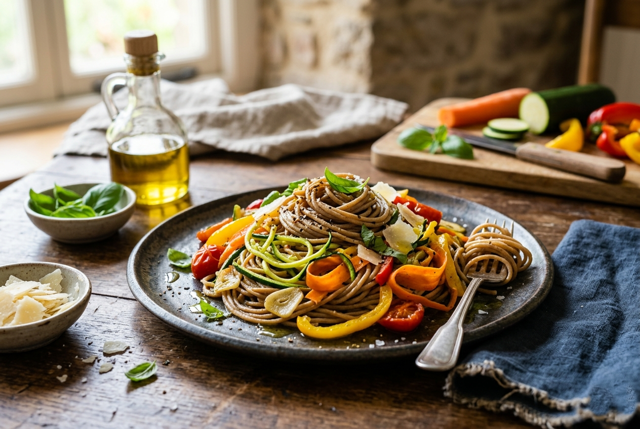 Prato de cerâmica escura com espaguete integral misturado a tiras de abobrinha, cenoura e pimentão amarelo. O prato está decorado com manjericão fresco e lascas de queijo parmesão, posicionado sobre uma mesa de madeira rústica com luz natural vinda de uma janela ao fundo.