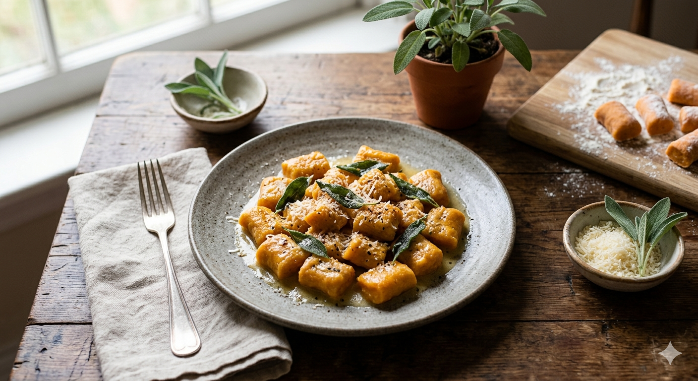 Prato rústico de cerâmica com nhoque de batata doce cor de abóbora, finalizado com manteiga, folhas de sálvia crocantes e queijo parmesão ralado, posicionado sobre uma mesa de madeira envelhecida ao lado de ingredientes frescos.