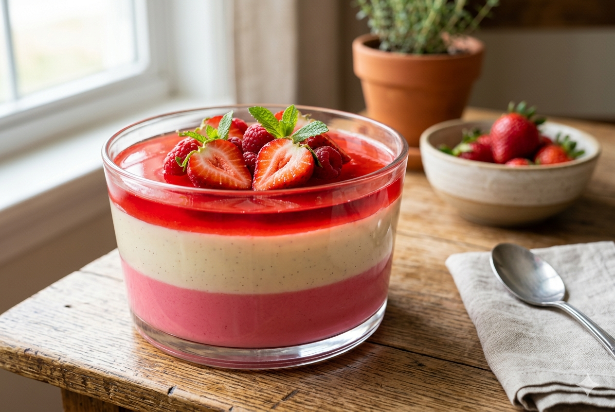 Uma taça de vidro transparente contendo uma sobremesa de gelatina cremosa em três camadas coloridas: rosa na base, creme no meio e vermelho brilhante no topo. A sobremesa está decorada com morangos frescos e framboesas, sobre uma mesa de madeira rústica perto de uma janela.