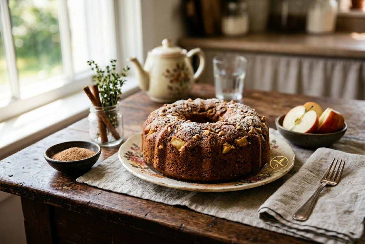 Esta imagem captura a essência acolhedora e rústica de um bolo bundt de maçã e canela sem glúten. O bolo, com textura úmida, pedaços de maçã e uma leve polvilhada de açúcar de confeiteiro e canela, é o centro das atenções em uma prato de cerâmica floral sobre uma toalha de linho cru. A mesa de madeira envelhecida abriga outros elementos autênticos: uma tigela com fatias de maçã fresca, canela em pau em um pote de vidro com ervas secas, um bule vintage com padrão floral e um copo de água ao fundo, tudo banhado pela luz natural suave vinda de uma janela de madeira branca. O ambiente sugere uma cozinha de fazenda aconchegante, convidando a um momento de prazer gastronômico simples e saudável.