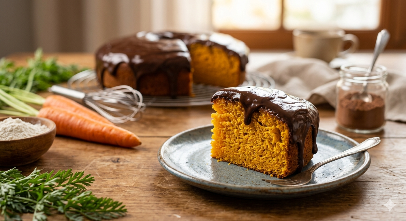 Uma fatia de bolo de cenoura caseiro, fofinho e laranja vibrante, coberta com calda de chocolate brilhante em um prato azul sobre uma mesa de madeira. Ao fundo, o bolo inteiro e cenouras frescas.