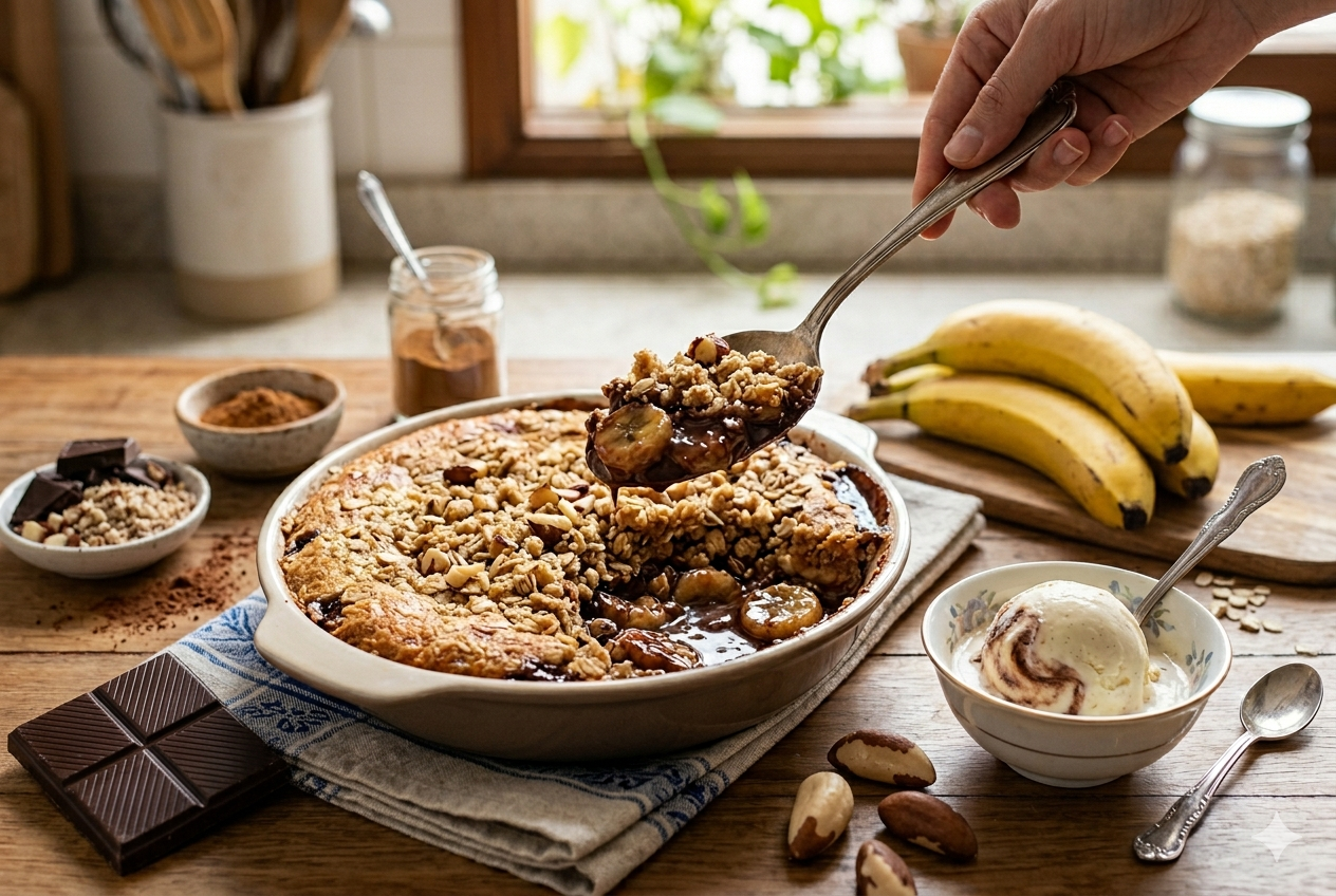Foto em estilo rústico e apetitoso de um Escondidinho de Banana com Chocolate gratinado em uma travessa de cerâmica. Uma mão segura uma colher cheia de sobremesa, revelando o recheio de banana e chocolate derretido sob uma crosta de farofa crocante. Ao lado, há uma tigela de sorvete de creme, bananas frescas e tabletes de chocolate sobre uma mesa de madeira.