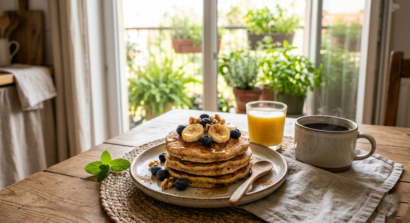 Pilha de panquecas de banana douradas em um prato de cerâmica, cobertas com rodelas de banana, mirtilos frescos, nozes e mel. Ao lado, uma caneca de café e suco de laranja em uma mesa de madeira rústica com iluminação natural de uma janela ao fundo.
