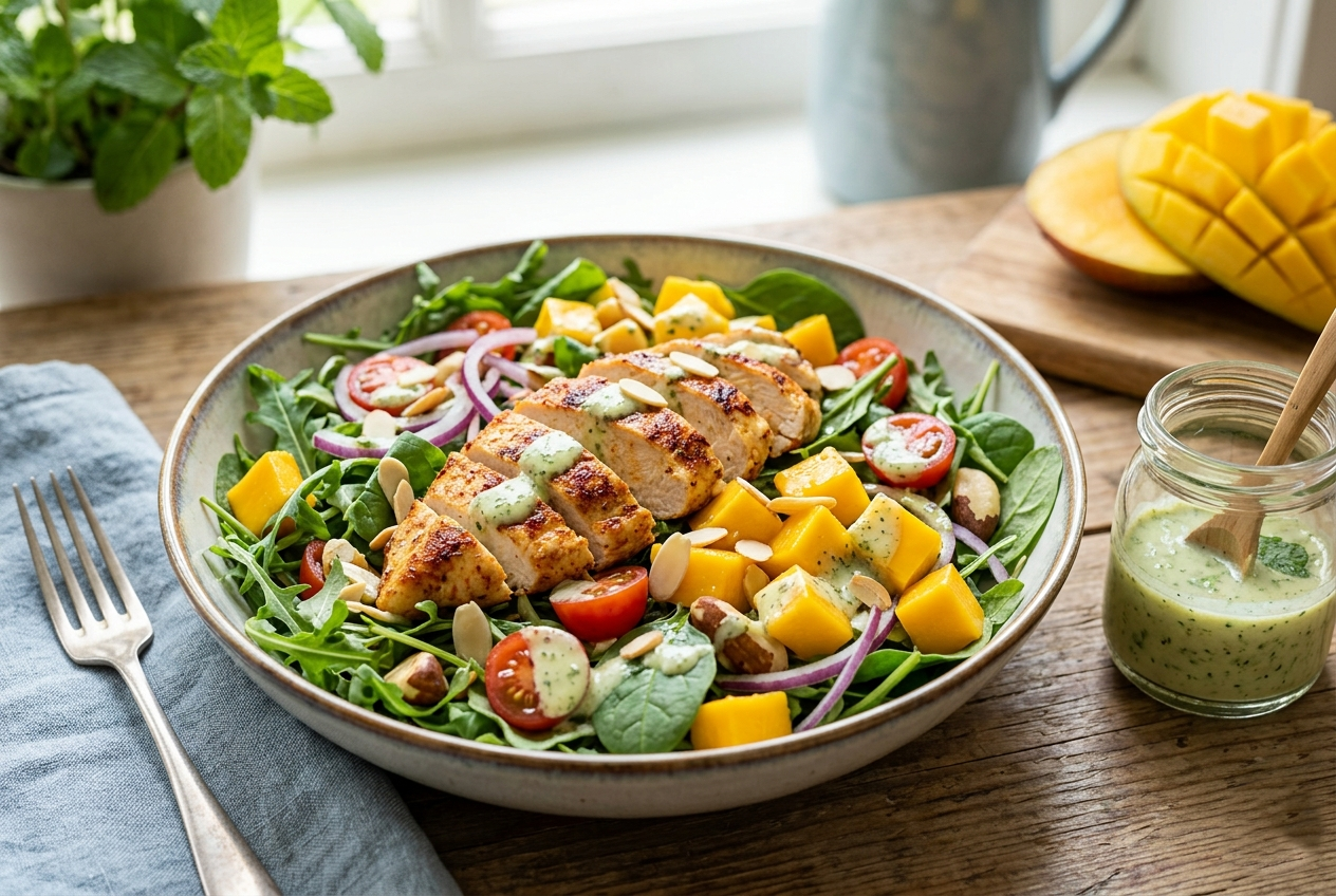 Uma tigela de cerâmica rústica cheia de salada de rúcula e espinafre, coberta com fatias de peito de frango grelhado dourado, cubos de manga madura amarela, metades de tomate cereja, fatias de cebola roxa e amêndoas laminadas. Ao lado, um pote de vidro com molho verde cremoso, uma manga fatiada e um garfo sobre um guardanapo azul, tudo sobre uma mesa de madeira envelhecida.