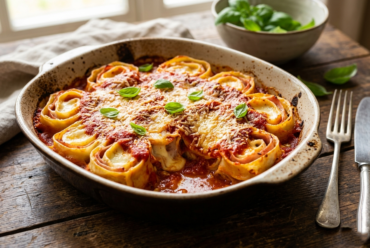 Uma travessa refratária rústica de cerâmica cheia de rondellis caseiros gratinados ao molho de tomate, polvilhados com queijo parmesão derretido e manjericão fresco, disposta sobre uma mesa de madeira escura ao lado de talheres vintage e uma tigela com manjericão ao fundo.