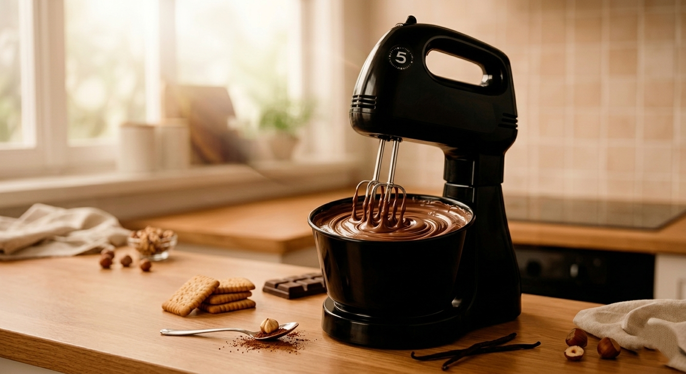 Batedeira de bolo preta com 5 velocidades batendo um creme de chocolate cremoso em uma cozinha iluminada com decoração moderna e rústica.