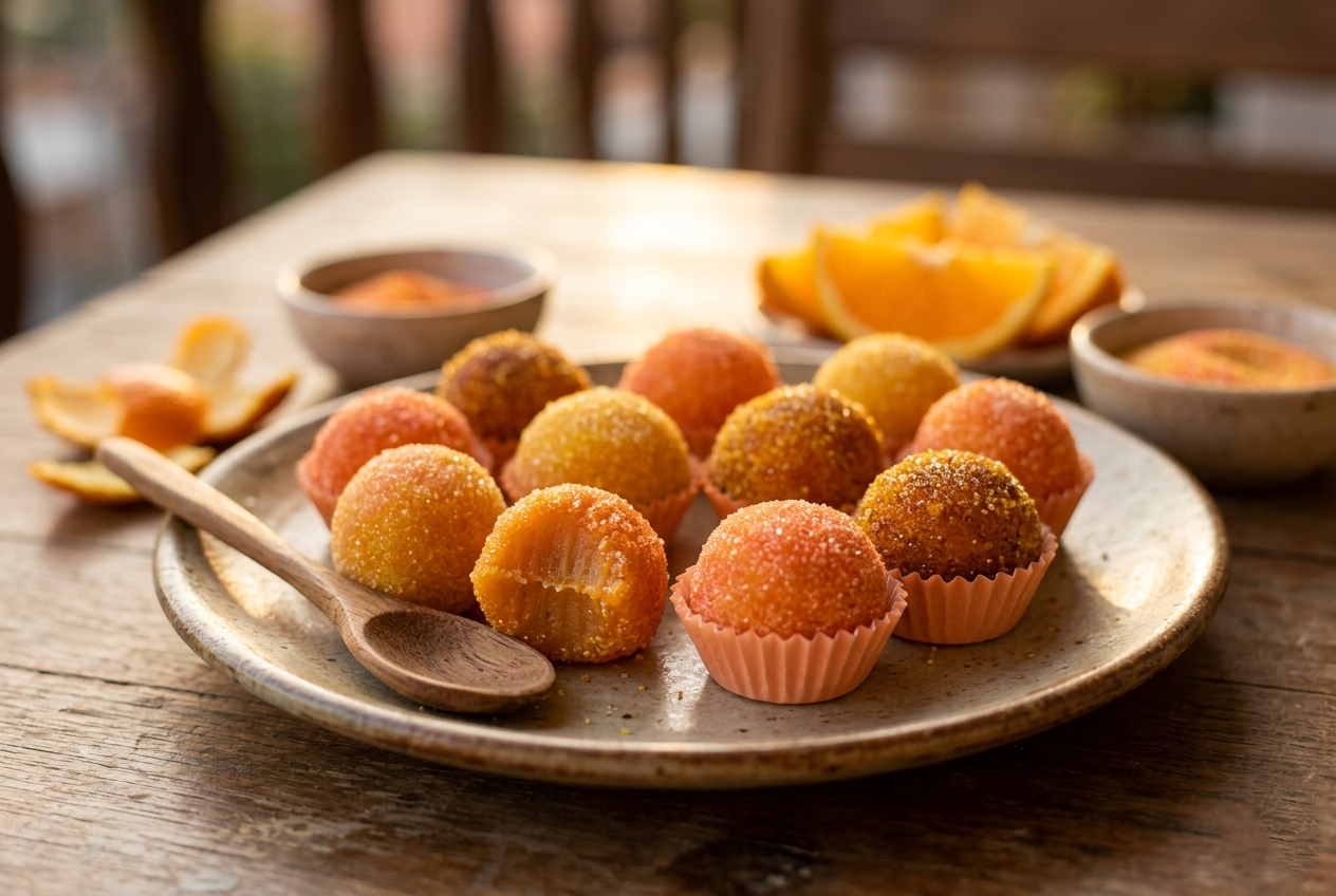 Uma foto de dar água na boca de vários brigadeiros de laranja artesanais dispostos em um prato rústico sobre uma mesa de madeira. Os brigadeiros são de cor laranja vibrante, polvilhados com açúcar cristalizado.