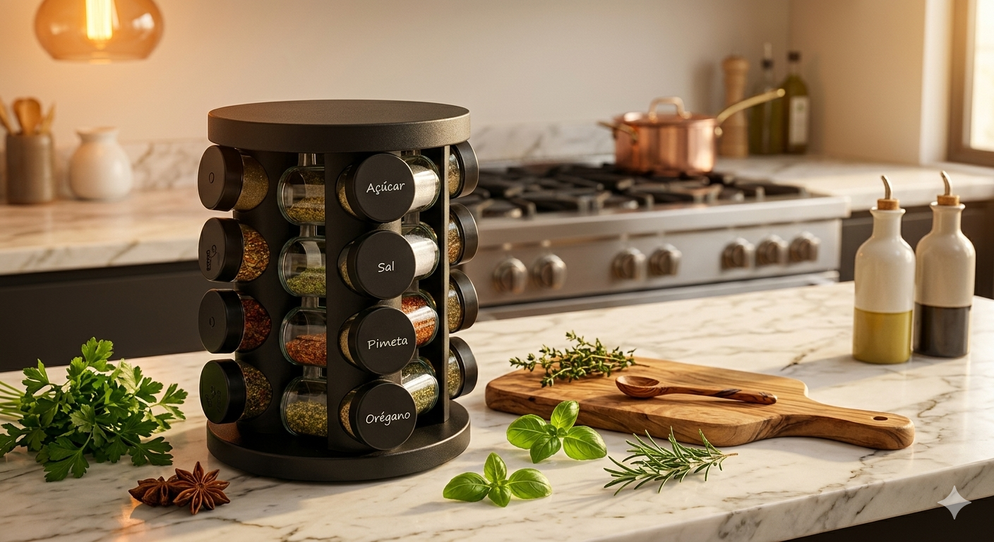 Porta-temperos giratório preto de dois andares com potes de vidro etiquetados em português, posicionado sobre uma bancada de cozinha de mármore com ervas frescas e tábua de madeira, com um fogão ao fundo.
