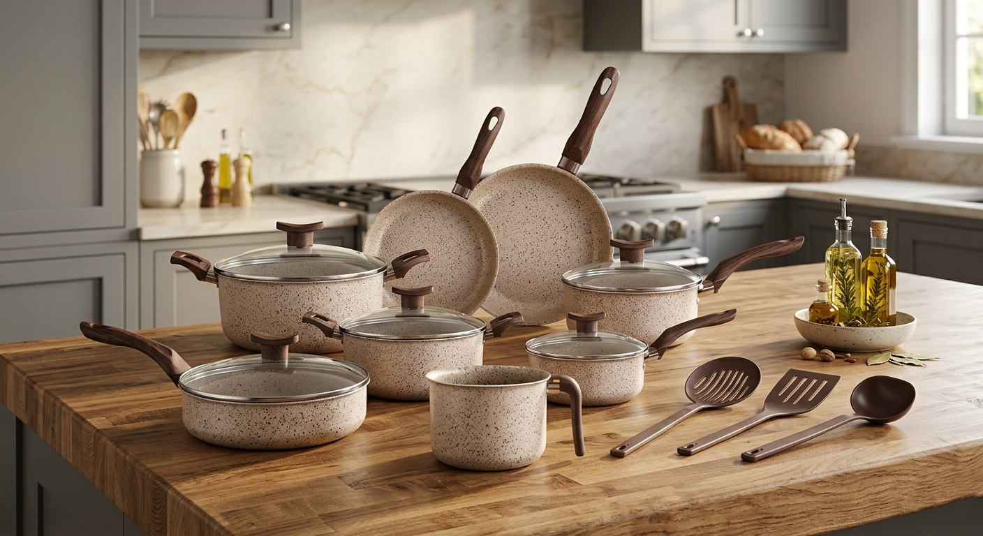 Conjunto de panelas antiaderentes bege com acabamento granulado e cabos de madeira disposto sobre uma bancada de cozinha de madeira, incluindo potes, frigideiras e utensílios de cozinha de silicone.