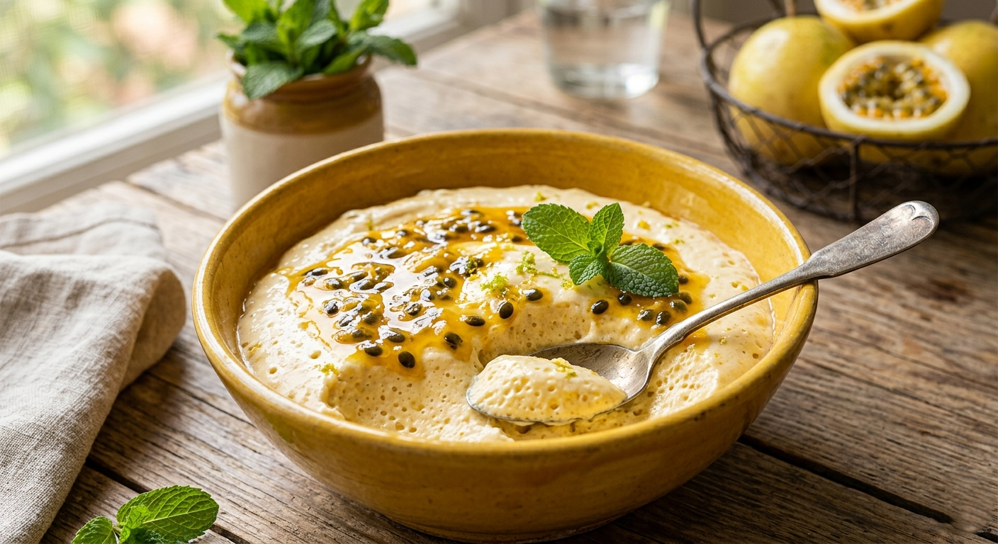 Uma tigela de cerâmica rústica amarela contendo uma cremosa mousse de maracujá aerada, coberta com calda brilhante de maracujá com sementes e folhas de hortelã fresca, sobre uma mesa de madeira.