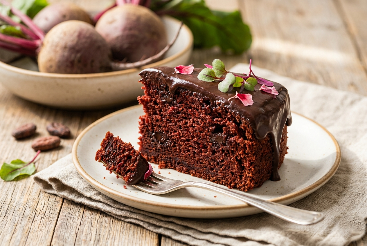 Fatia de bolo de chocolate com beterraba, com massa úmida e cor avermelhada escura, coberta com ganache de chocolate brilhante em um prato de cerâmica, com beterrabas frescas ao fundo sobre mesa de madeira.