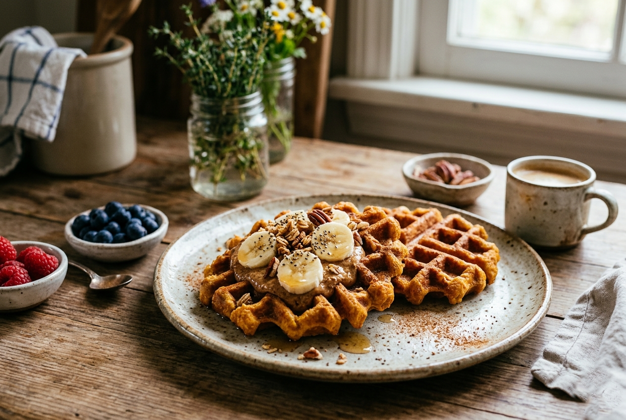 Dois waffles de batata-doce dourados e crocantes em um prato de cerâmica rústico sobre uma mesa de madeira. Os waffles estão cobertos com rodelas de banana, granola, sementes de chia e um fio de mel, acompanhados de tigelas com mirtilos e framboesas e uma xícara de café.