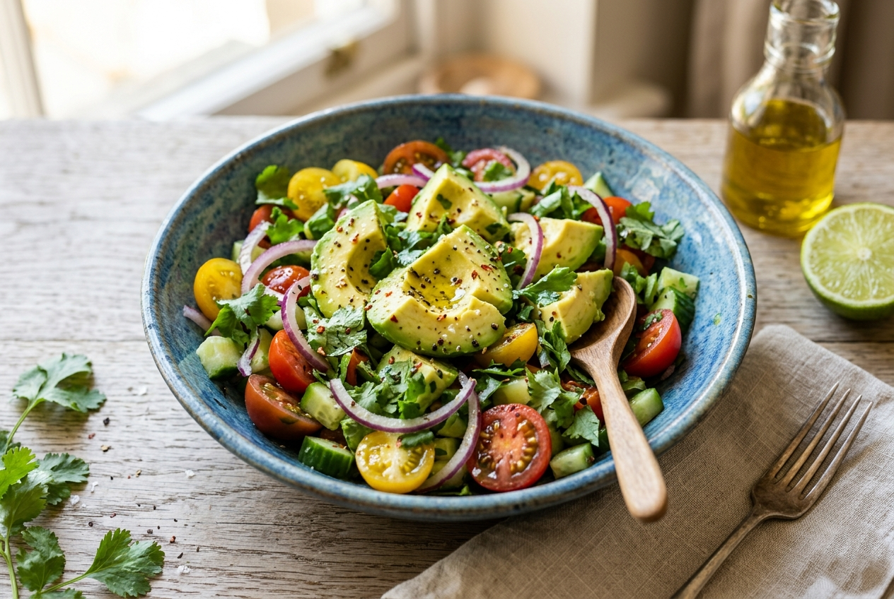 Uma tigela de cerâmica azul rústica cheia de uma salada fresca de abacate picado, tomates cereja vermelhos e amarelos, cebola roxa em rodelas e coentro, servida em uma mesa de madeira.