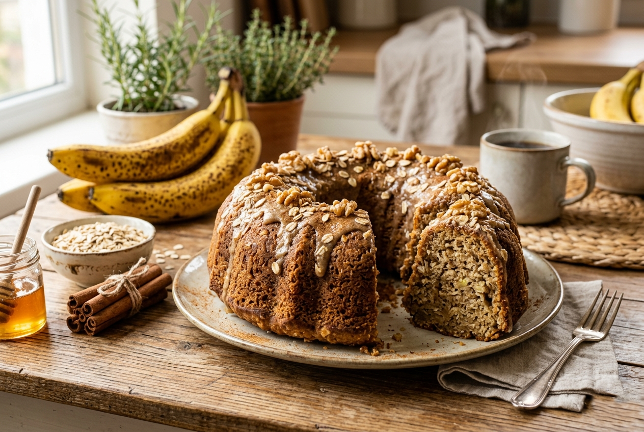 Foto realista de um bolo de banana e aveia em formato de anel, dourado e fofinho, sobre uma mesa de madeira. O bolo está coberto com calda e nozes, ao lado de bananas maduras e ingredientes naturais.
