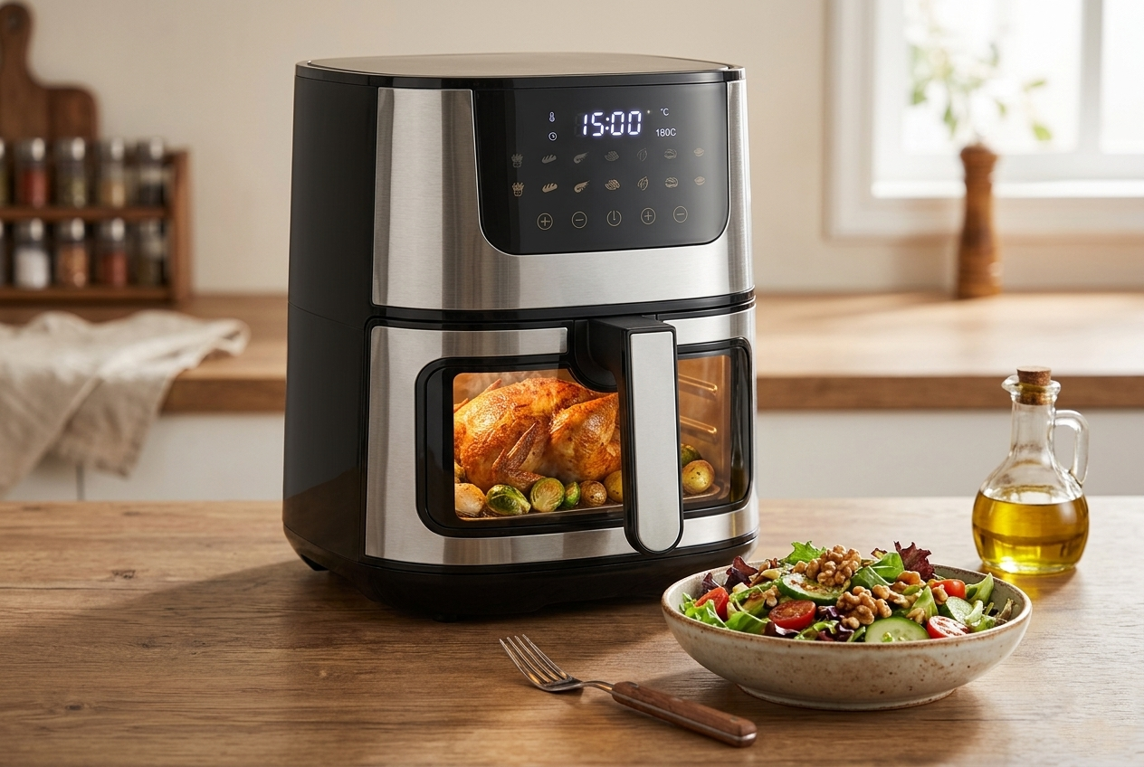 Air Fryer Digital com visor de vidro transparente mostrando um frango assado dourado em uma cozinha moderna com luz natural. Legenda: A praticidade de acompanhar o ponto do seu assado sem precisar abrir a gaveta: tecnologia e sabor em um só lugar.