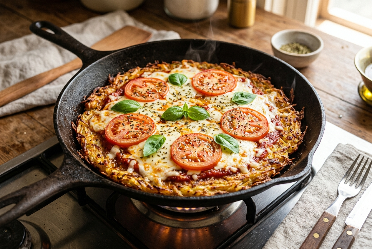 Uma pizza rústica com base de batata ralada crocante, coberta com queijo derretido, rodelas de tomate fresco e folhas de manjericão, sendo cozinhada em uma frigideira de ferro fundido sobre um fogão a gás em uma cozinha rústica com luz natural.