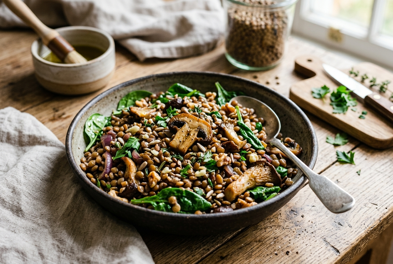 Salada quente de lentilha marrom com cogumelos fatiados e folhas frescas de espinafre, servida em uma tigela rústica de cerâmica sobre uma mesa de madeira envelhecida, com iluminação natural lateral.
