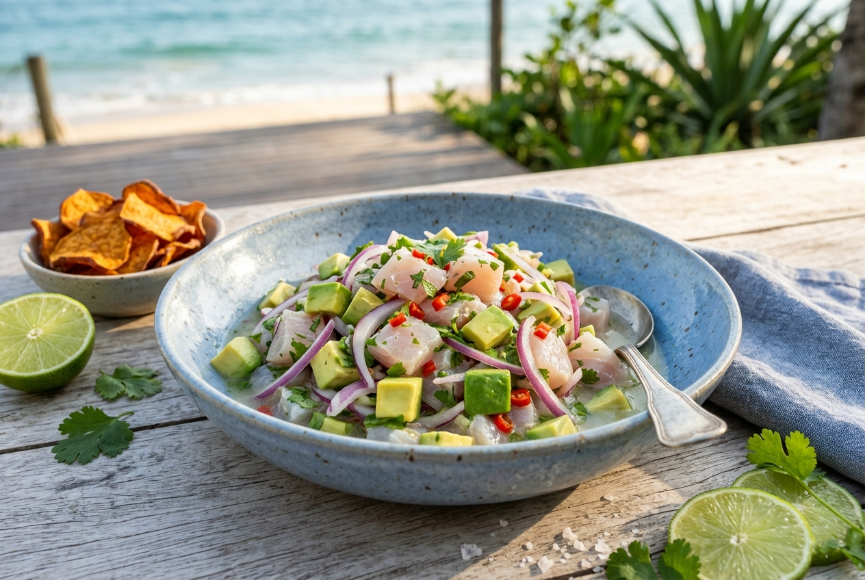 Fotografia gastronômica em close-up de um ceviche de tilápia com cubos de abacate, cebola roxa e pimenta, servido em uma tigela azul sobre uma mesa de madeira clara com o mar ao fundo.